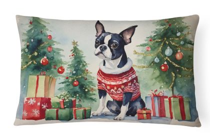 Waiting on Christmas Throw Pillow Throw Pillow for Indoor Couch Bed Outdoor Patio Washable, Boston Terrier 1276,12Hx16W