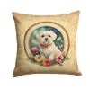 Maltese and Flowers Throw Pillow Machine Washable, Indoor Outdoor Decorative Pillow for Couch, Bed or Patio, 14Hx14W