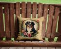Bernese Mountain Dog and Flowers Throw Pillow Machine Washable, Indoor Outdoor Decorative Pillow for Couch, Bed or Patio, 14Hx14W