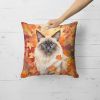 Balinese Cat in Fall Leaves Throw Pillow Machine Washable, Indoor Outdoor Decorative Pillow for Couch, Bed or Patio, 18Hx18W