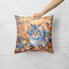 Ojos Azules Cat in Fall Leaves Throw Pillow Machine Washable, Indoor Outdoor Decorative Pillow for Couch, Bed or Patio, 18Hx18W